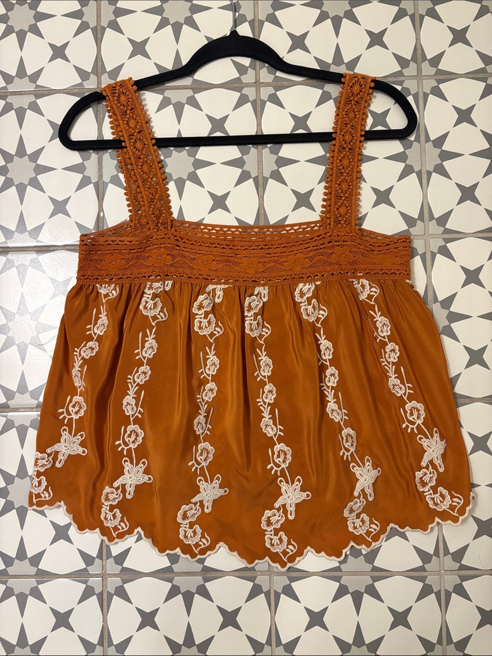 Show Me Your Mimi - Rust Orange Embroidered Crochet Strap Tank Top